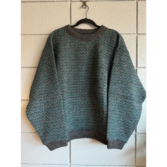 Vintage Men’s L.L. Bean Birds Eye Grey Green Grandpa Wool Sweater Made in Norway - Picture 1 of 4